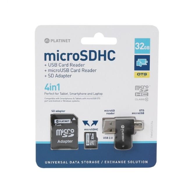 Platinet 4in1 32GB USB Flash Drive + Micro SD card + micro USB OTG Reader - micro USB четец за microSD карти и памет карта със SD адаптер (клас 10) | JAR Computers Platinet 4in1 32GB USB Flash Drive + Micro SD card + micro USB OTG Reader - micro USB четец за microSD карти и памет карта със SD адаптер (клас 10)