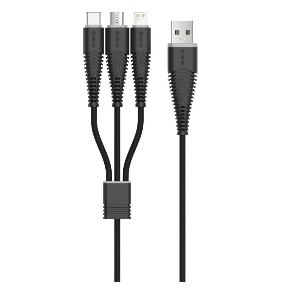Универсален качествен кабел с Lightning, MicroUSB и USB-C конектори - Devia FishBone 3 in 1 Cable (черен) | JAR Computers Универсален качествен кабел с Lightning, MicroUSB и USB-C конектори - Devia FishBone 3 in 1 Cable (черен)
