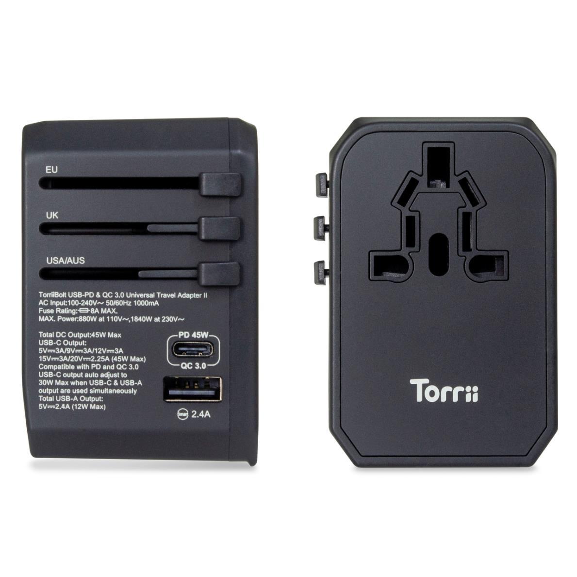 Захранване с 3 USB изхода, USB-C, QC 3.0, PD и преходници за цял свят (черен) - Torrii TorriiBolt USB PD and QC 3.0 45W Universal Travel Adapter II | JAR Computers Захранване с 3 USB изхода, USB-C, QC 3.0, PD и преходници за цял свят (черен) - Torrii TorriiBolt USB PD and QC 3.0 45W Universal Travel Adapter II