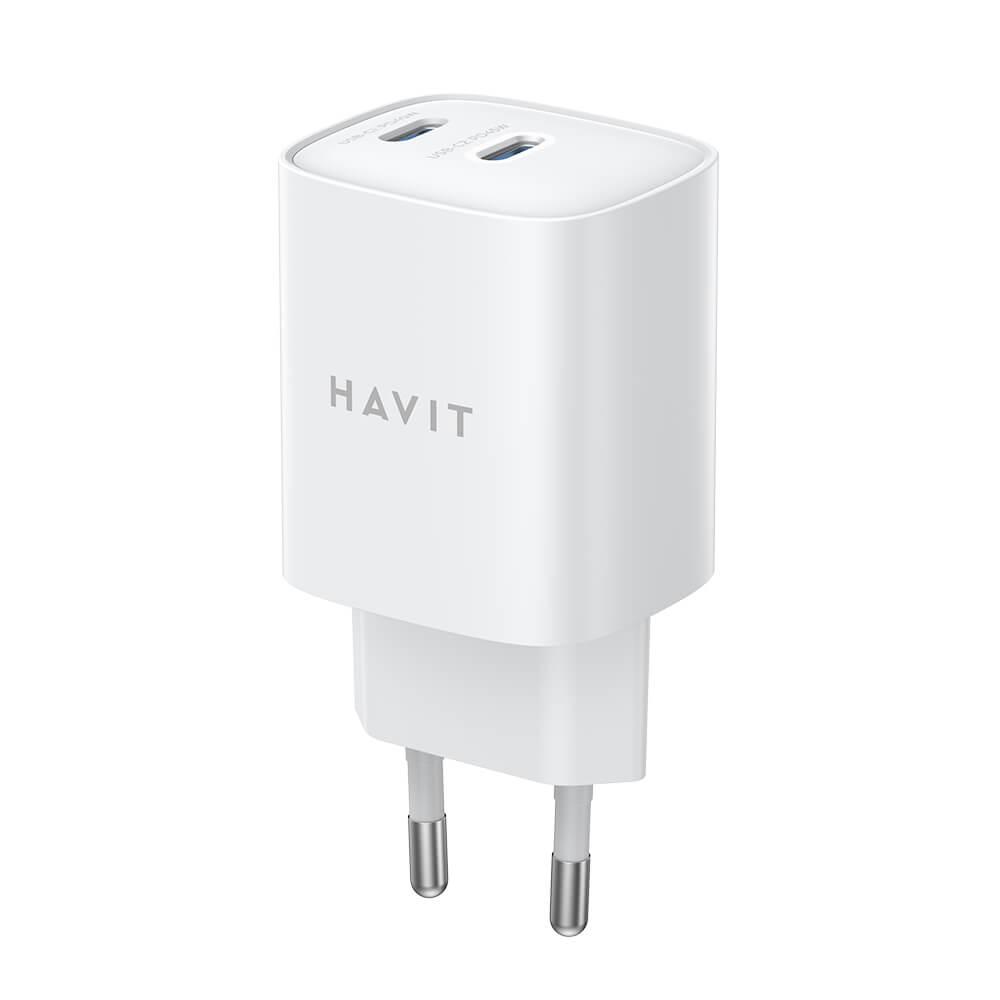 Захранване за ел. мрежа с 2xUSB-C изходи с технология за бързо зареждане - Havit GaN Dual Wall Charger USB-C 45W (бял) | JAR Computers Захранване за ел. мрежа с 2xUSB-C изходи с технология за бързо зареждане - Havit GaN Dual Wall Charger USB-C 45W (бял)