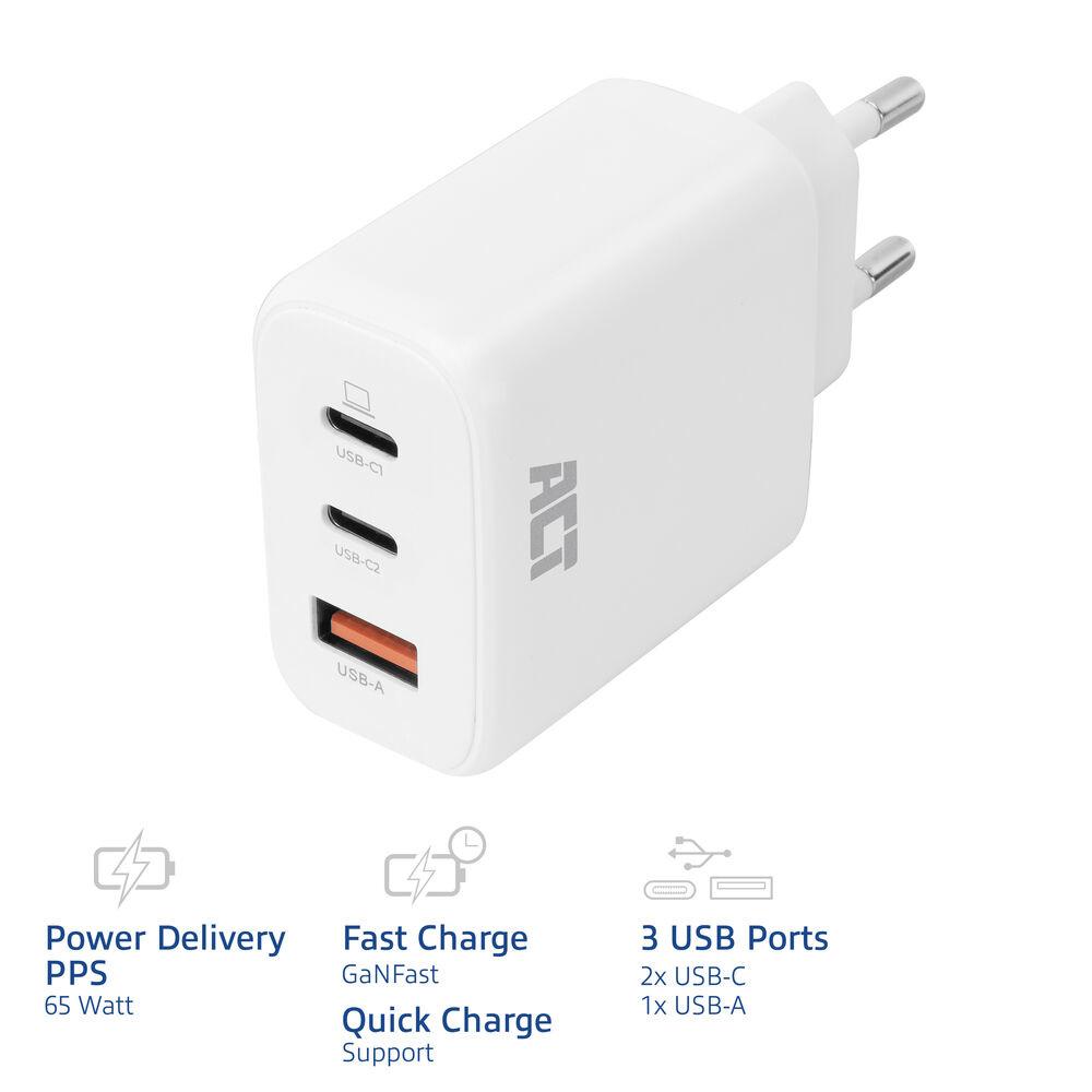 ACT AC2170 зарядно с Power Delivery PPS, GaNFast и QuickCharge, 65 W, 3 порта USB-C/USB-A | JAR Computers ACT AC2170 зарядно с Power Delivery PPS, GaNFast и QuickCharge, 65 W, 3 порта USB-C/USB-A