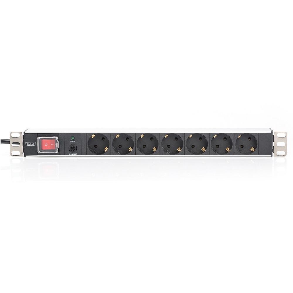 DIGITUS DN-95403 :: Разклонител PDU за 19" шкаф, 7х гнезда, с копче, алуминиев, 16A, 2.0 м