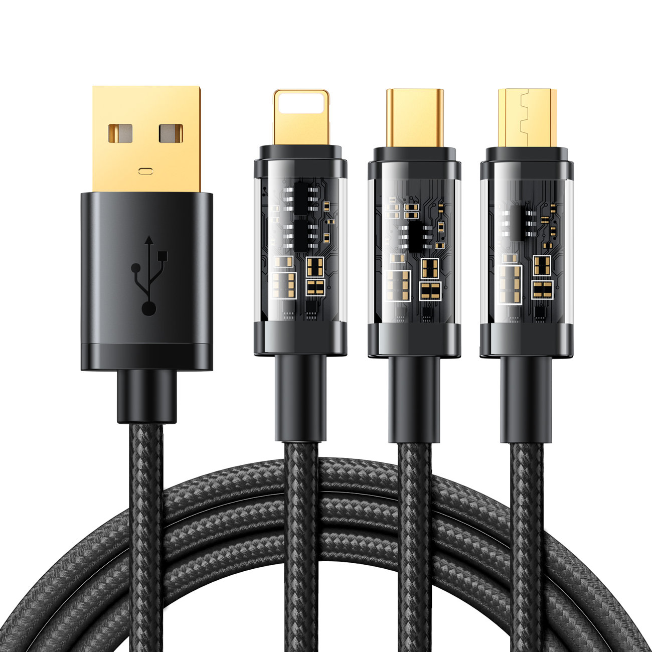 Joyroom 3-in-1 Charging Cable - универсален USB кабел с Lightning, microUSB и USB-C конектори (120 см) (черен) 
