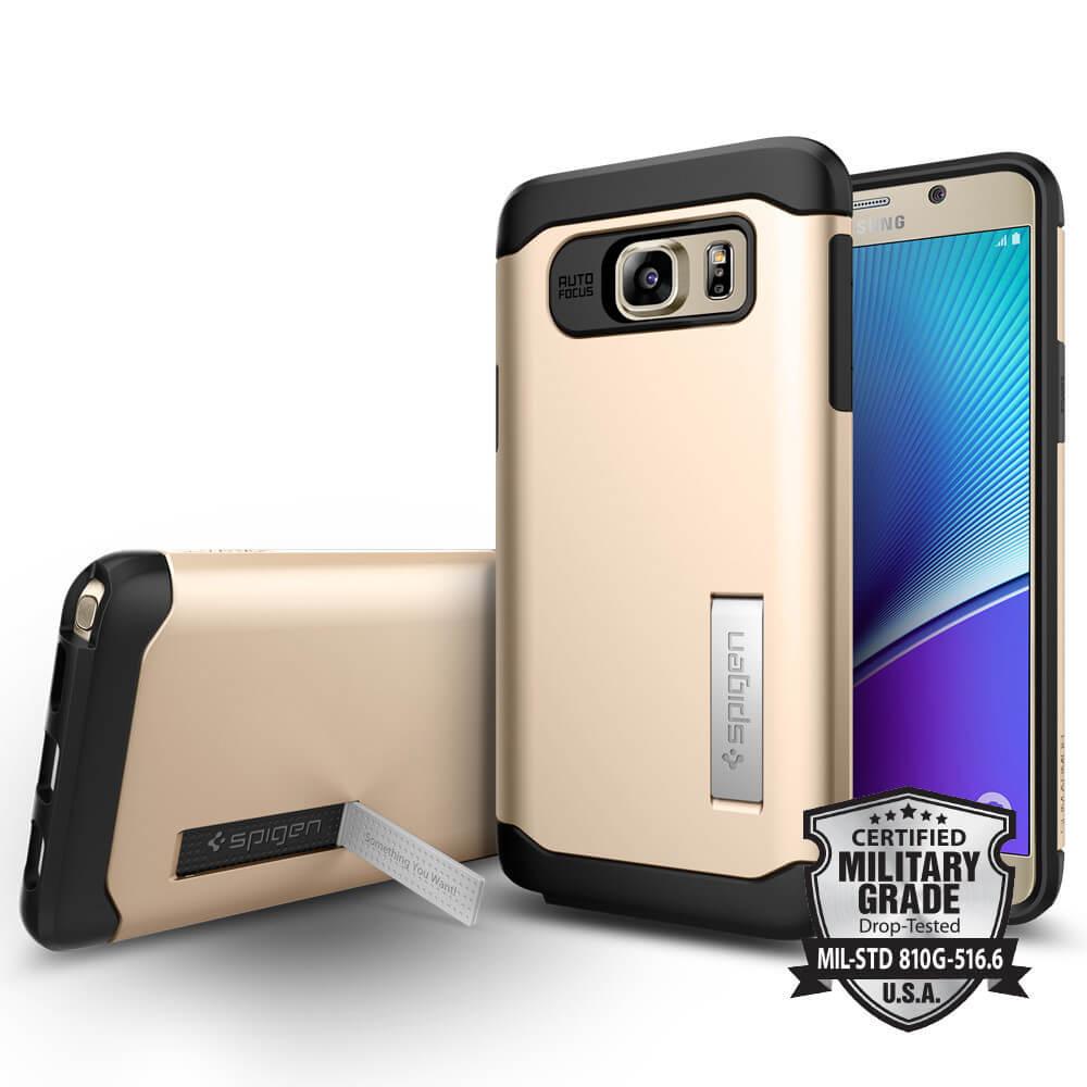 Хибриден кейс с поставка и най-висока степен на защита за Samsung Galaxy Note 5 - Spigen Slim Armor Case (златист) | JAR Computers Хибриден кейс с поставка и най-висока степен на защита за Samsung Galaxy Note 5 - Spigen Slim Armor Case (златист)