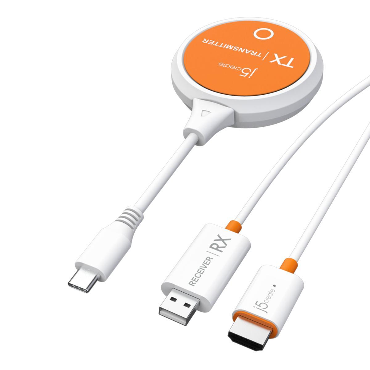 j5create JVAW62 ScreenCast USB-C® Wireless Display HDMI™ Extender, White and Orange | JAR Computers j5create JVAW62 ScreenCast USB-C® Wireless Display HDMI™ Extender, White and Orange