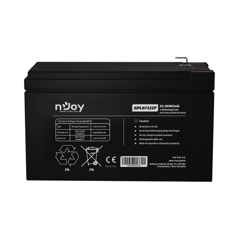 Батерия 12V 25,5W/cell - 7Ah Тип VRLA без поддръжка F2 конектор Удължена гаранция - NJOY GPL07122F | JAR Computers Батерия 12V 25,5W/cell - 7Ah Тип VRLA без поддръжка F2 конектор Удължена гаранция - NJOY GPL07122F