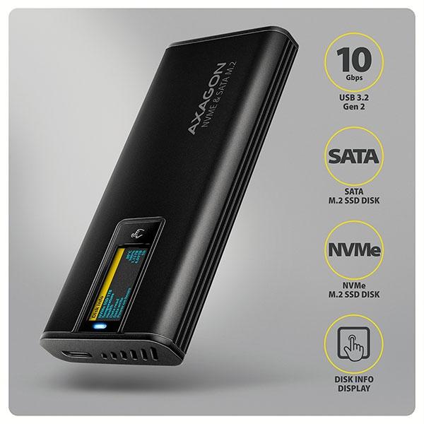 Ext case U3C-to-M.2 Sata/NVMe,AXAGON EEM2-SD2B,LCD | JAR Computers Ext case U3C-to-M.2 Sata/NVMe,AXAGON EEM2-SD2B,LCD