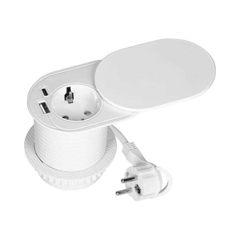 Модул за вграждане в мебел 2P+E Шуко в отвор Ø60mm и 2x USB A+C max 20W с кабел 1.9m Бял - ORNO OR-GM-9042(GS)/W | JAR Computers Модул за вграждане в мебел 2P+E Шуко в отвор Ø60mm и 2x USB A+C max 20W с кабел 1.9m Бял - ORNO OR-GM-9042(GS)/W