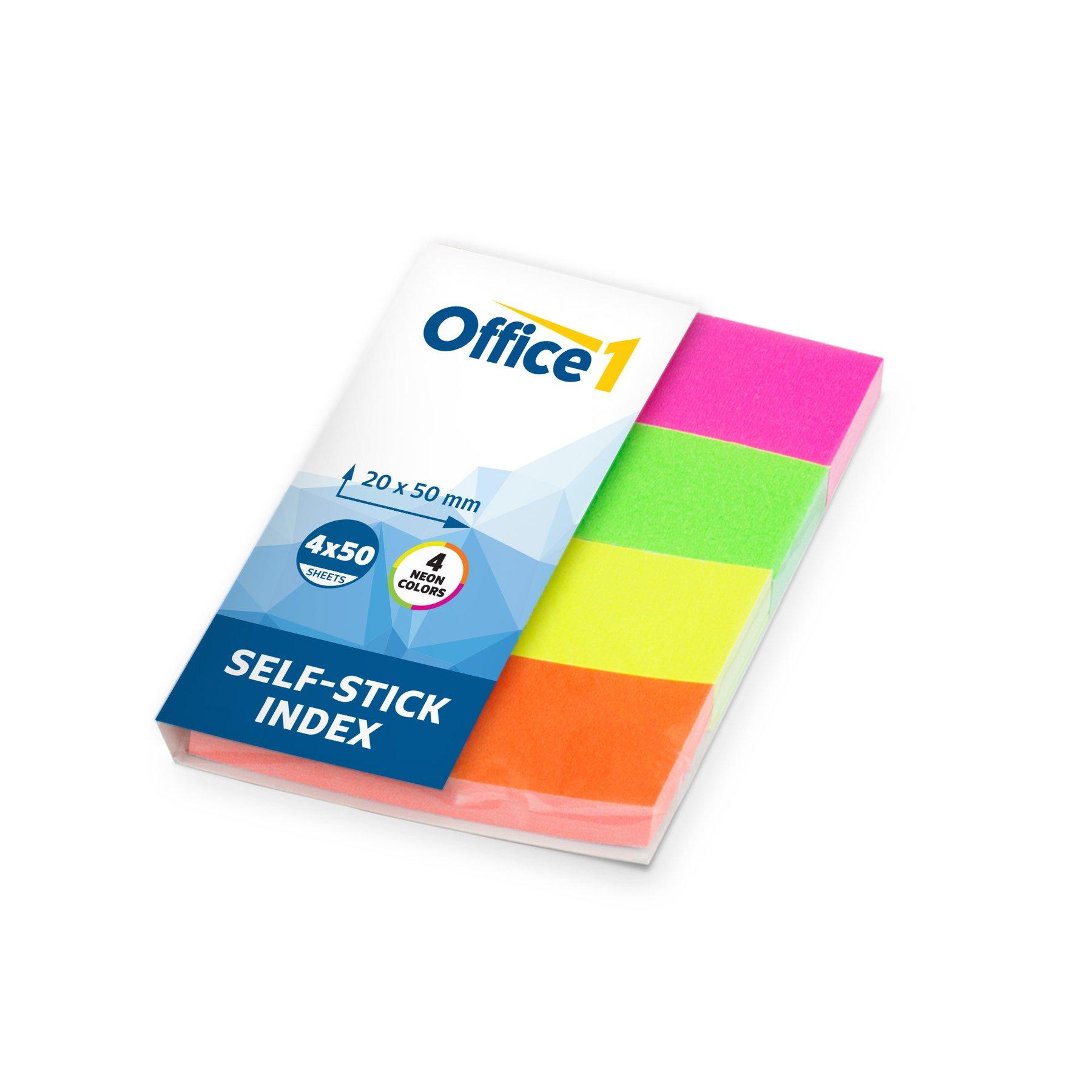Office 1 Самозалепващи се индекси, хартиени, 20 x 50 mm, неонови, 4 цвята, 200 броя