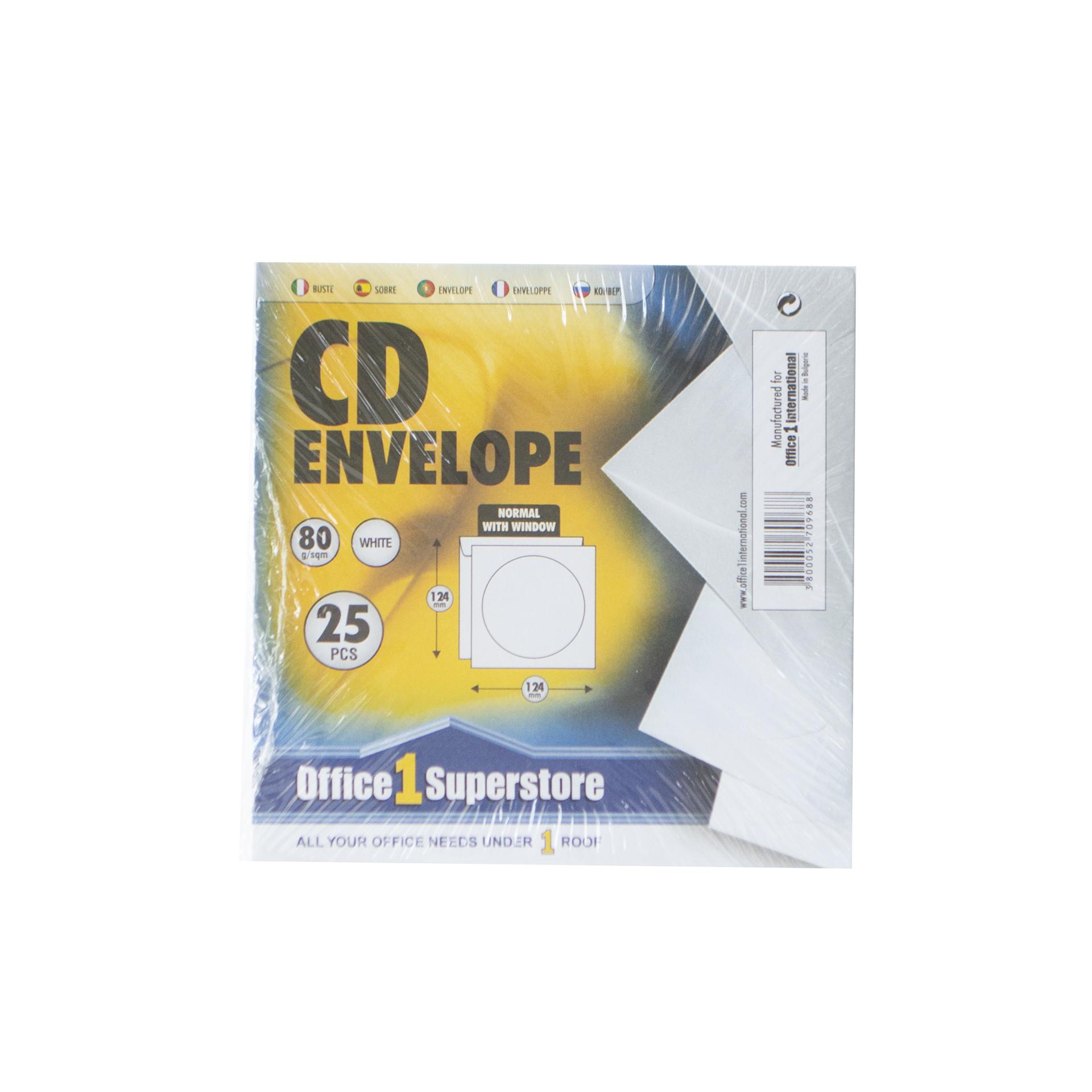 Office 1 Плик за CD/DVD, 124 x 124 mm, хартиен, с прозорец, със самозалепваща лента, бял, 25 броя