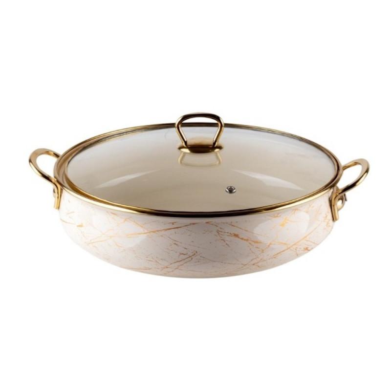 Плитка тенджера Goldmann GM 8040-24B, 24 см, 3.2л, Емайлирана стомана, Стъклен капак, Индукция, Бял/златист
