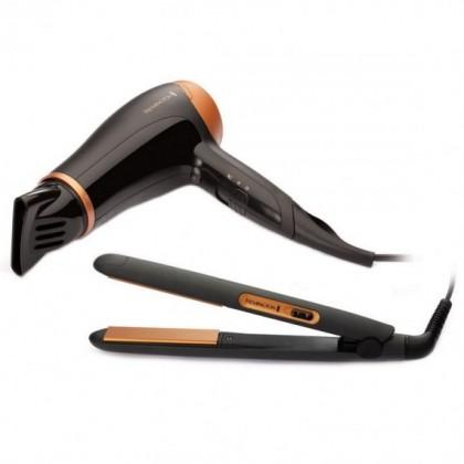 Комплект преса за коса и сешоар Remington D3012GP, Керамично покритие, Черен/златист