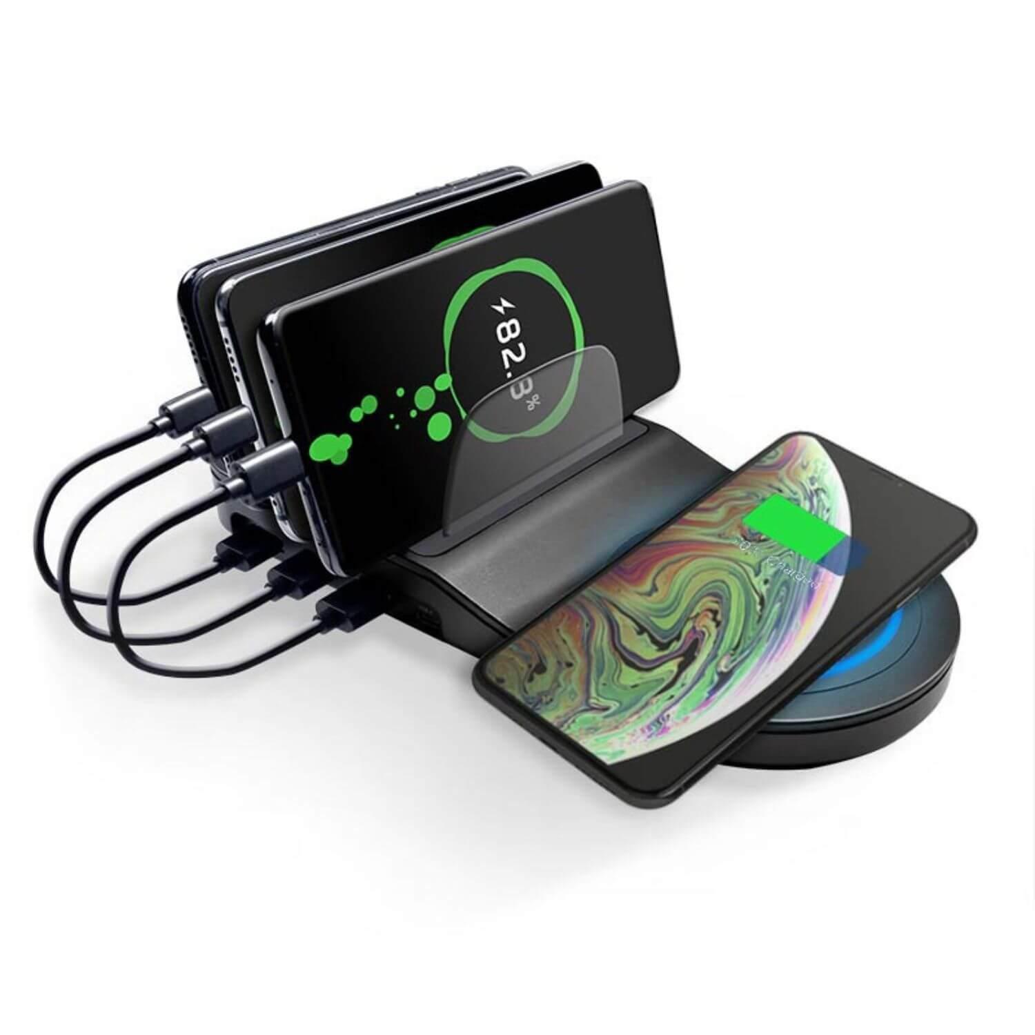 Пад за безжично захранване и с три USB изхода и USB-C изход - Saii PowerStand Charging Station with Qi Wireless Charger 35.5W, 3 x USB, USB-C (черен) | JAR Computers Пад за безжично захранване и с три USB изхода и USB-C изход - Saii PowerStand Charging Station with Qi Wireless Charger 35.5W, 3 x USB, USB-C (черен)