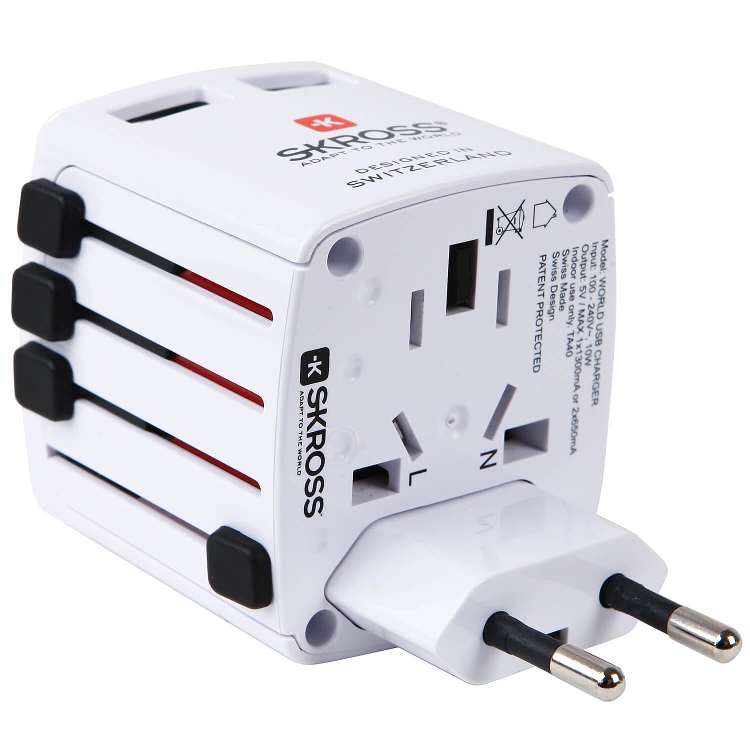 Захранване с 2 USB изхода и преходници за цял свят в едно устройство за iPhone, iPad и iPod и мобилни устройства - Skross Travel Adapter World USB (бял) | JAR Computers Захранване с 2 USB изхода и преходници за цял свят в едно устройство за iPhone, iPad и iPod и мобилни устройства - Skross Travel Adapter World USB (бял)