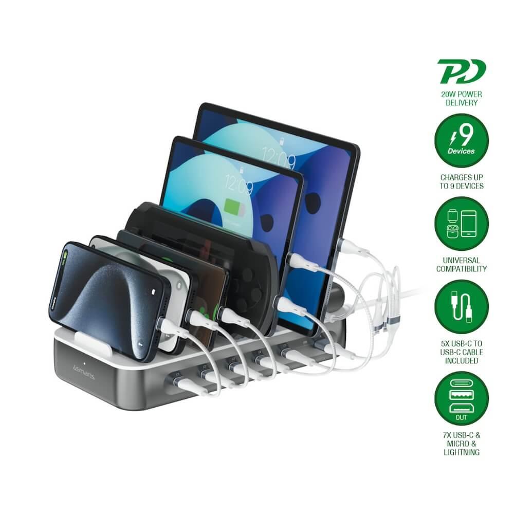 4smarts Team Charging Station 100W - док станция с 5xUSB-C и 1xUSB-A гнезда за зареждане таблети и смартфони (тъмносив)