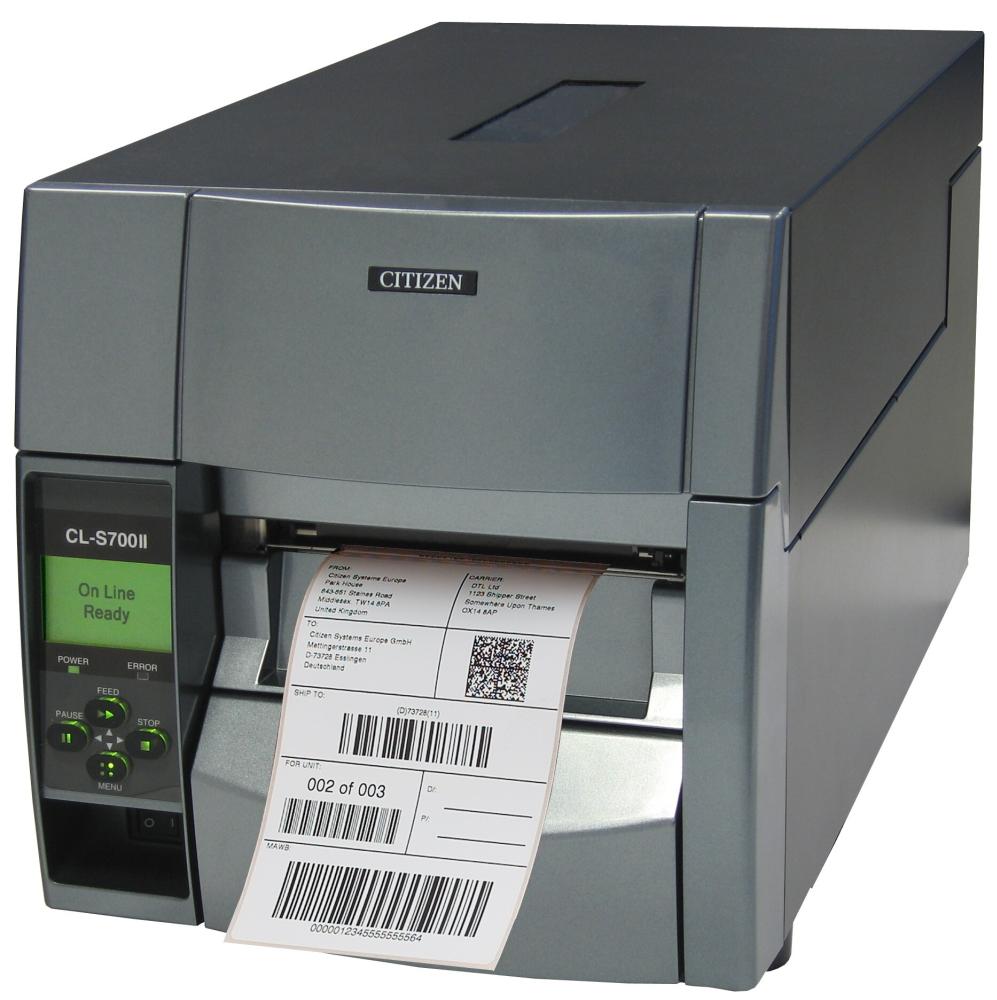 Citizen Label Industrial printer CL-S700IIDT DP, Speed 200mm/s,Print Width 4"(104mm)/Media Width min-max (12.5-118mm)/Roll Size max 200mm, Core Size(25-75mm),203dpi/USB/RS-232+Opt.card LinkServer/Plug (EU) Grey + Citizen Mobile printer CMP-20II Bluetooth