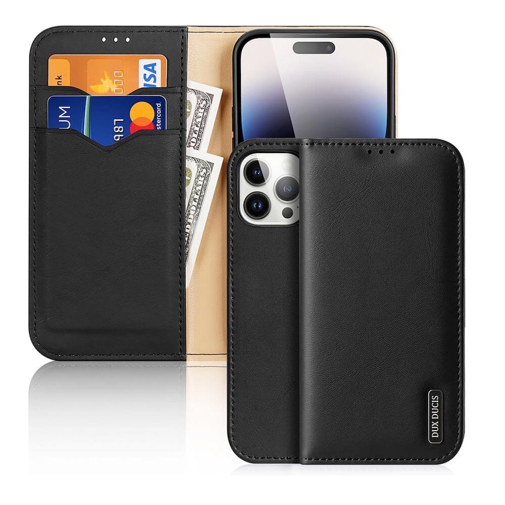 Кожен калъф от естествена кожа с поставка и отделение за кр. карти за iPhone 15 Pro Max - Dux Ducis Hivo Genuine Leather Flip Wallet Case (черен) | JAR Computers Кожен калъф от естествена кожа с поставка и отделение за кр. карти за iPhone 15 Pro Max - Dux Ducis Hivo Genuine Leather Flip Wallet Case (черен)