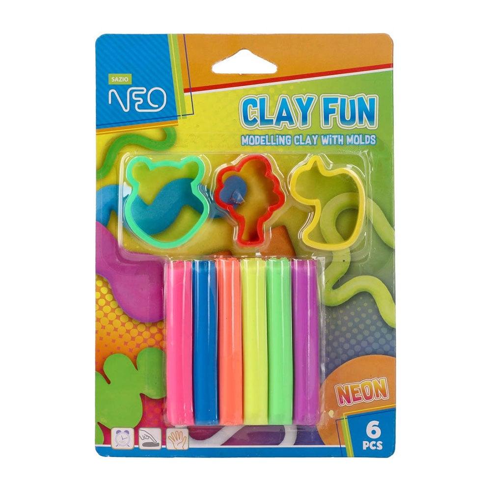 Пластилин Sazio Clay Fun, 80 g, с формички, 6 неонови цвята | JAR Computers Пластилин Sazio Clay Fun, 80 g, с формички, 6 неонови цвята