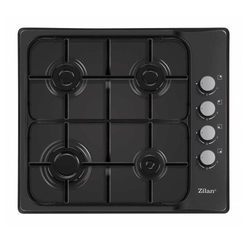 Плот за вграждане Zilan ZLN 0034, 4 газови горелки, 7.35 kW, Пропан-бутан или природен газ, 60х50 см, Чугунени решетки, Защита от изтичане на газ, Черен