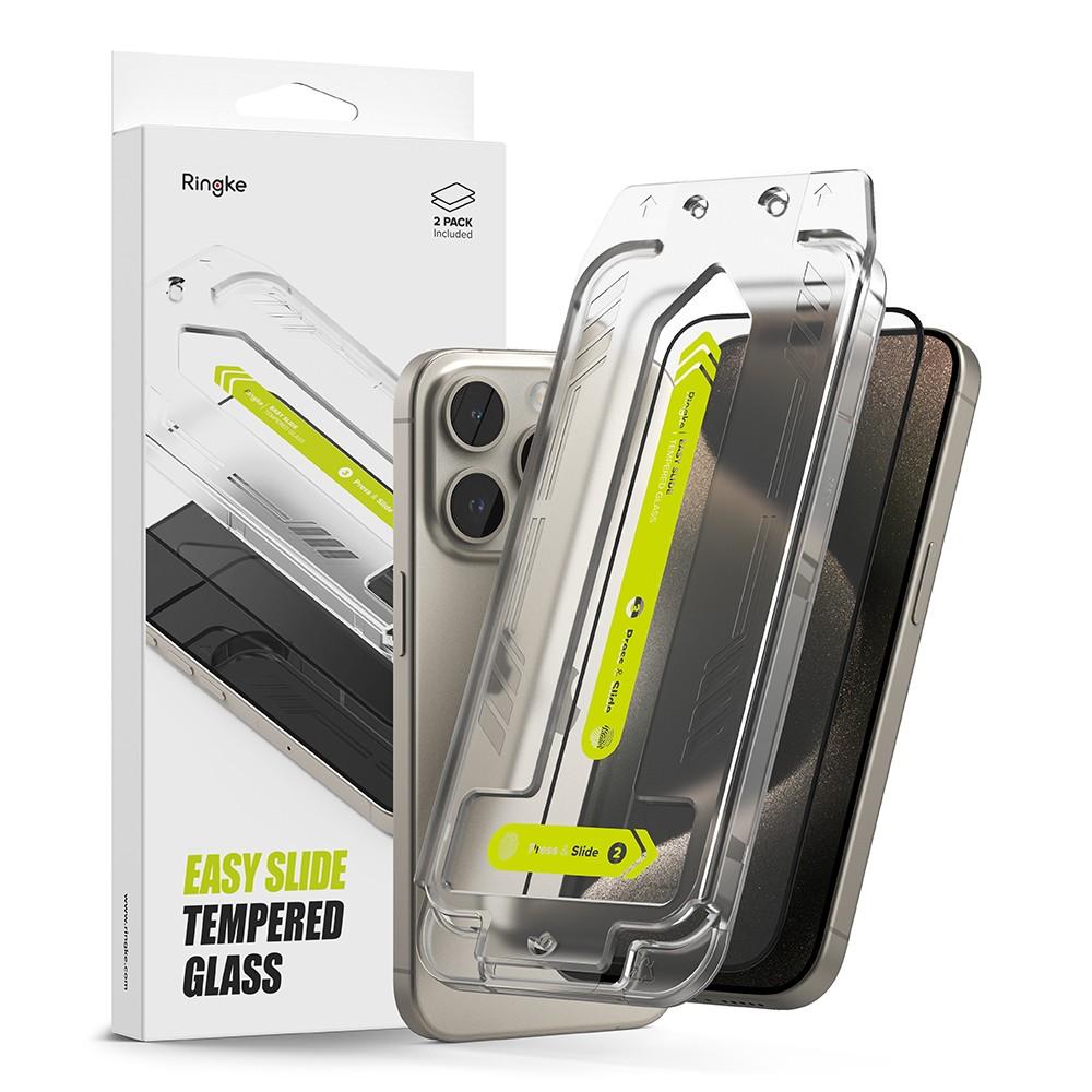2 броя калени стъклени защитни покрития за дисплея на iPhone 15 Pro - Ringke Easy Slide Tempered Glass 2 Pack (черен-прозрачен) | JAR Computers 2 броя калени стъклени защитни покрития за дисплея на iPhone 15 Pro - Ringke Easy Slide Tempered Glass 2 Pack (черен-прозрачен)