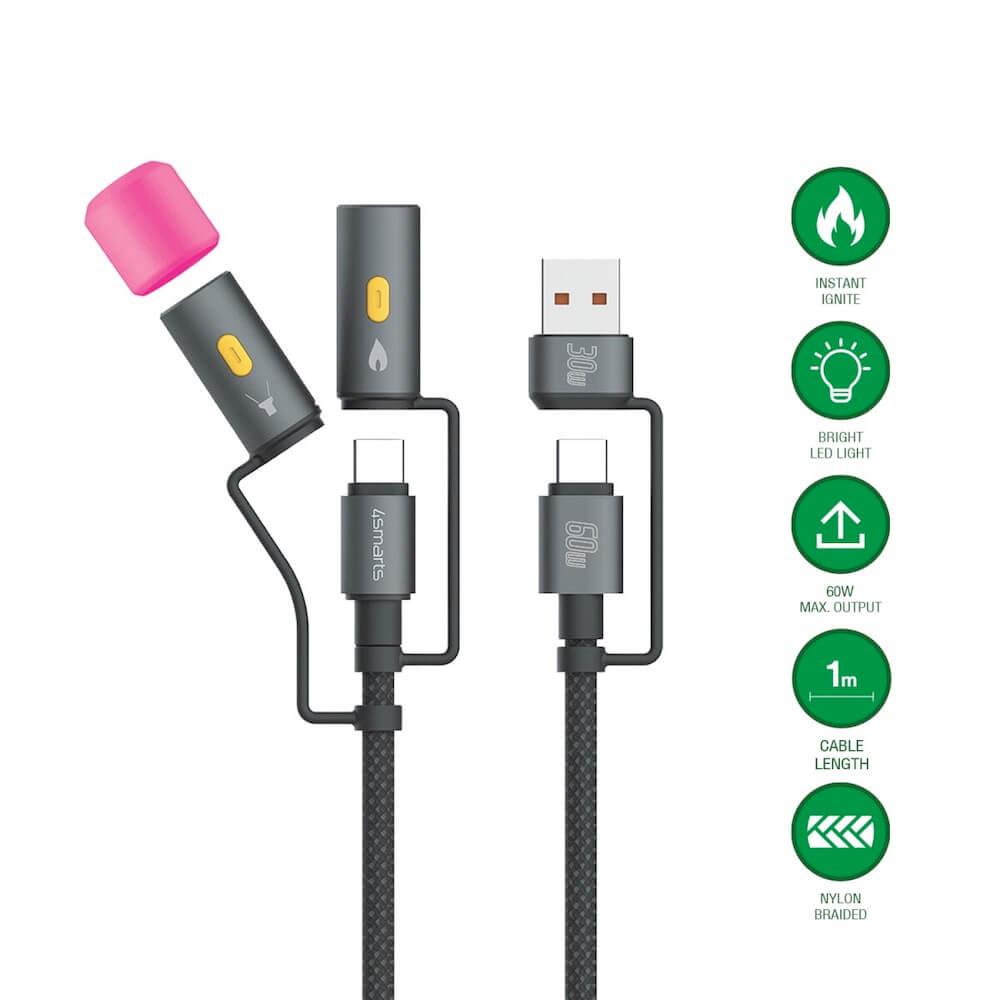 Кабел с бързо зареждане за устройства с USB-C порт, LED светлина и запалка и USB-C към USB-A адаптер - 4smarts 4-in-1 USB-C Cable Set Explorer 60W (100 см) (черен) | JAR Computers Кабел с бързо зареждане за устройства с USB-C порт, LED светлина и запалка и USB-C към USB-A адаптер - 4smarts 4-in-1 USB-C Cable Set Explorer 60W (100 см) (черен)