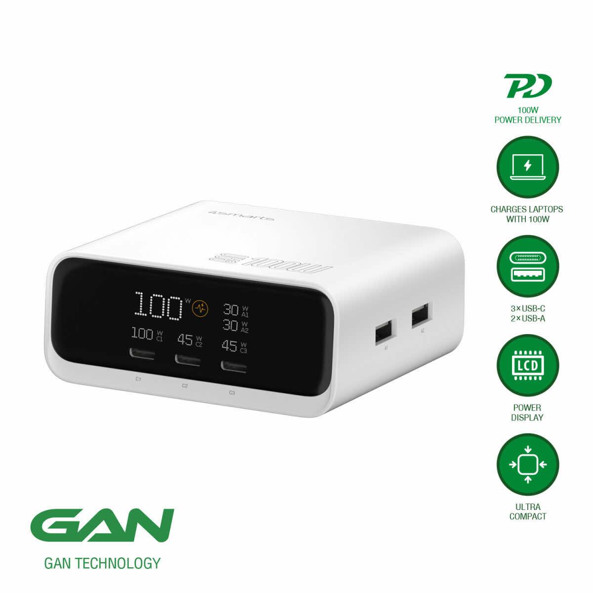 Захранване за ел. мрежа за лаптопи, смартфони и таблети с 2xUSB-A и 3xUSB-C изходи с технология за бързо зареждане - 4smarts Desk Charger GaN Screen 100W (бял) | JAR Computers Захранване за ел. мрежа за лаптопи, смартфони и таблети с 2xUSB-A и 3xUSB-C изходи с технология за бързо зареждане - 4smarts Desk Charger GaN Screen 100W (бял)