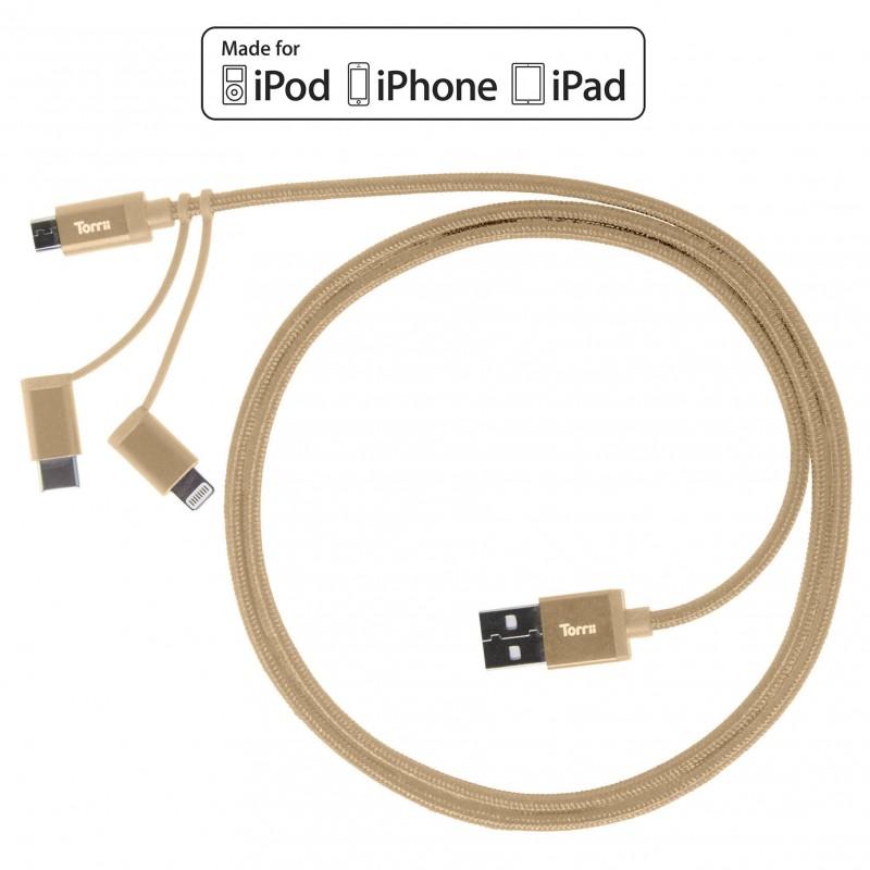 Изключително здрав кевларен кабел за iPhone, iPad, iPod с Lightning, устройства с microUSB и USB-C (1 метър) - Torrii KeVable 3-in-1 Universal USB Cable (1 meter) (златист) | JAR Computers Изключително здрав кевларен кабел за iPhone, iPad, iPod с Lightning, устройства с microUSB и USB-C (1 метър) - Torrii KeVable 3-in-1 Universal USB Cable (1 meter) (златист)