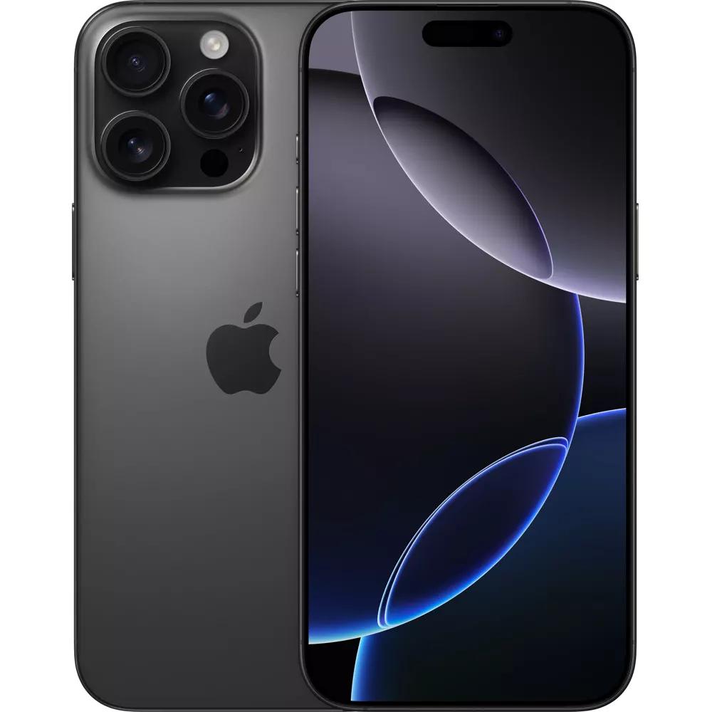 Смартфон Apple iPhone 16 Pro (Black Titanium), поддържа 2 SIM карти, 6.3" (16.00cm) Super Retina XDR OLED Dolby Vision 120Hz дисплей, шестядрен Apple A18 Pro 4.04GHz, 8GB RAM, 256GB Flash памет, 48 + 12 + 48 & 12 Mpix камери, iOS, 199g, MYNH3ZD/A