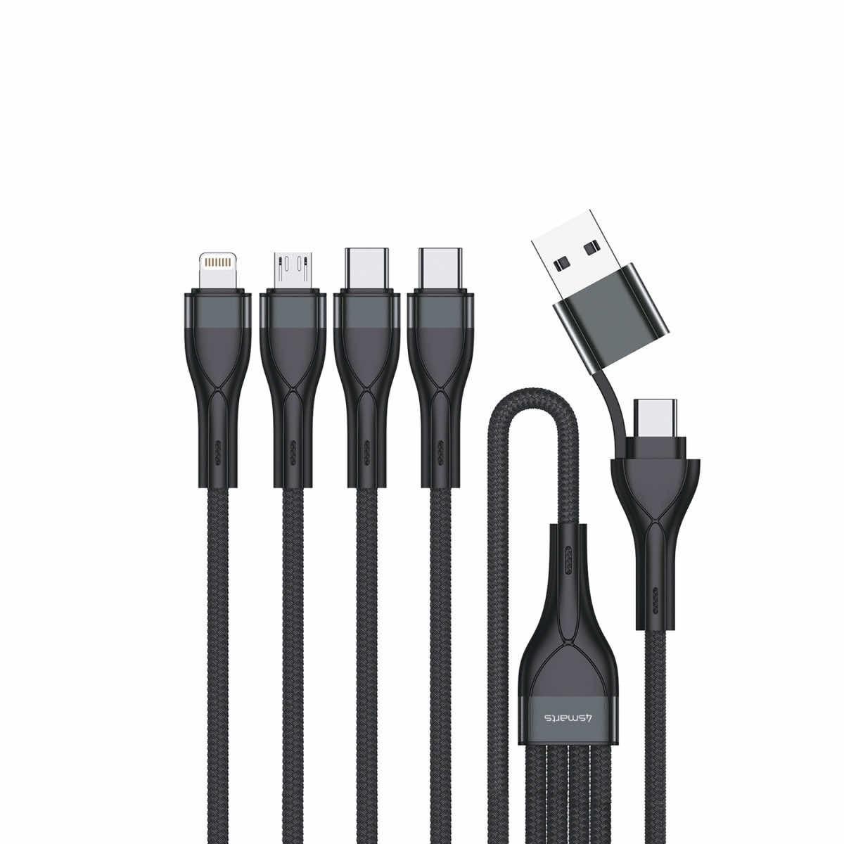 4smarts 4-in-2 Multi-Charging USB Cable - универсален USB-C кабел с Lightning, microUSB и USB-C конектори (120 см) (черен)
