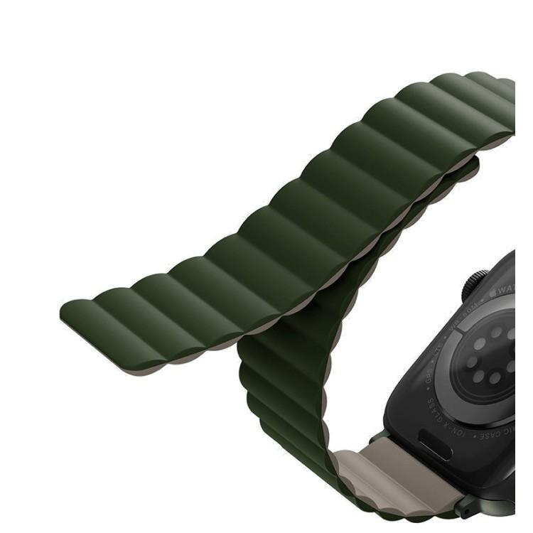 Двулицева магнитна силиконова каишка за Apple Watch 42мм, 44мм, 45мм, 46мм, Ultra, Ultra 2, Ultra 3 49мм - Uniq Revix Silicone Magnetic Strap (зелен-кафяв) | JAR Computers Двулицева магнитна силиконова каишка за Apple Watch 42мм, 44мм, 45мм, 46мм, Ultra, Ultra 2, Ultra 3 49мм - Uniq Revix Silicone Magnetic Strap (зелен-кафяв)