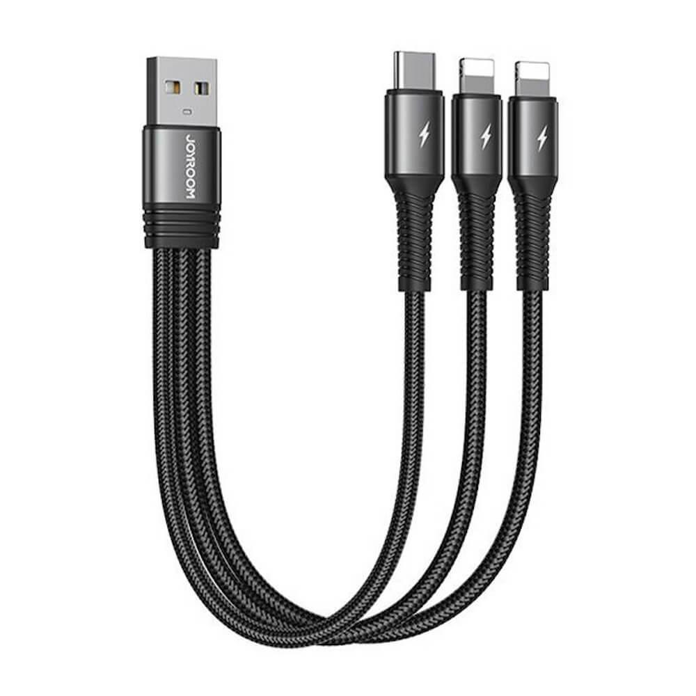 Joyroom 3-in-1 Fast Charging Cable 3.5A - универсален USB-A кабел с 2xLightning и USB-C конектори (15 см) (черен)