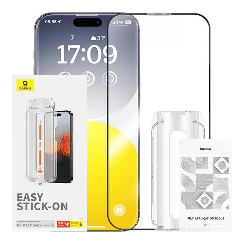 Калено стъклено защитно покритие за дисплея на iPhone 15 Pro Max - Baseus Sapphire Tempered Glass Film (0.30mm) (черен-прозрачен) | JAR Computers Калено стъклено защитно покритие за дисплея на iPhone 15 Pro Max - Baseus Sapphire Tempered Glass Film (0.30mm) (черен-прозрачен)