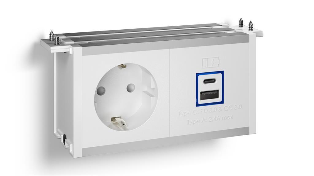 Модул Fusion 2M с 1х Шуко и USB тип A+C, цвят Бял/Алуминий, ABL | JAR Computers Модул Fusion 2M с 1х Шуко и USB тип A+C, цвят Бял/Алуминий, ABL