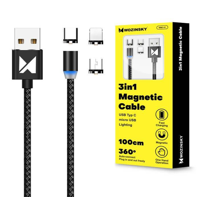 Кабел с магнитен накрайник с USB-C, MicroUSB и Lightning конектори - Wozinsky Magnetic Cable (черен) | JAR Computers Кабел с магнитен накрайник с USB-C, MicroUSB и Lightning конектори - Wozinsky Magnetic Cable (черен)