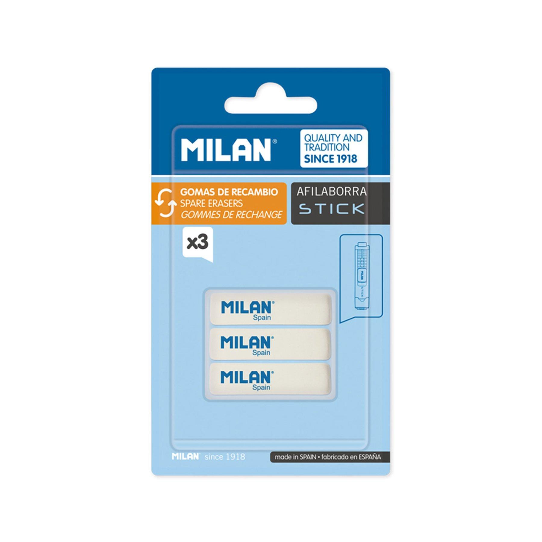 Milan Гума за молив Stick, резервна, 3 броя в блистер, опаковка 12 | JAR Computers Milan Гума за молив Stick, резервна, 3 броя в блистер, опаковка 12