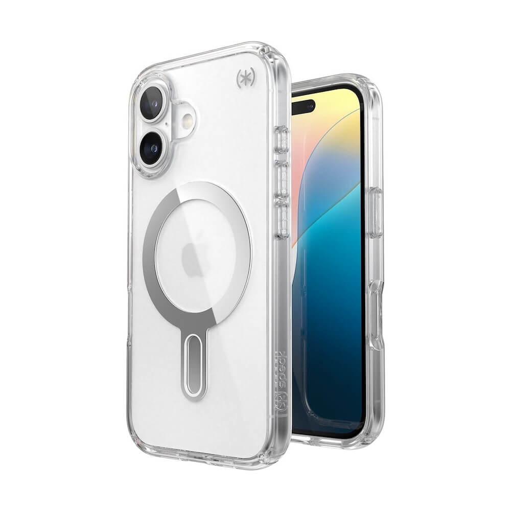 Удароустойчив хибриден кейс с Magsafe за iPhone 16 - Speck Presidio 2 Perfect Clear MagSafe With ClickLock Case (прозрачен-сребрист) | JAR Computers Удароустойчив хибриден кейс с Magsafe за iPhone 16 - Speck Presidio 2 Perfect Clear MagSafe With ClickLock Case (прозрачен-сребрист)