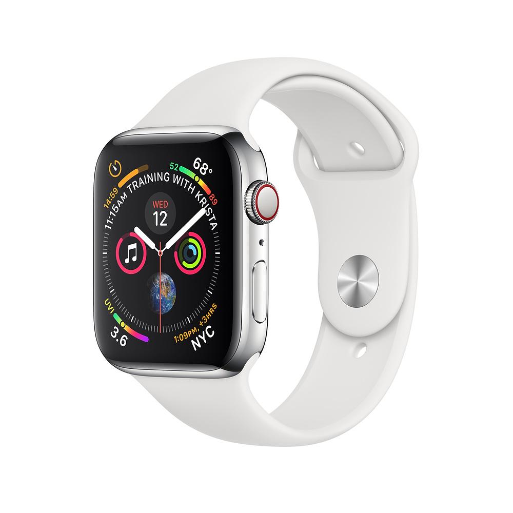 Умен часовник от Apple - Apple Watch Series 4, 40mm Stainless Steel Case with White Sport Band, GPS + Cellular | JAR Computers Умен часовник от Apple - Apple Watch Series 4, 40mm Stainless Steel Case with White Sport Band, GPS + Cellular