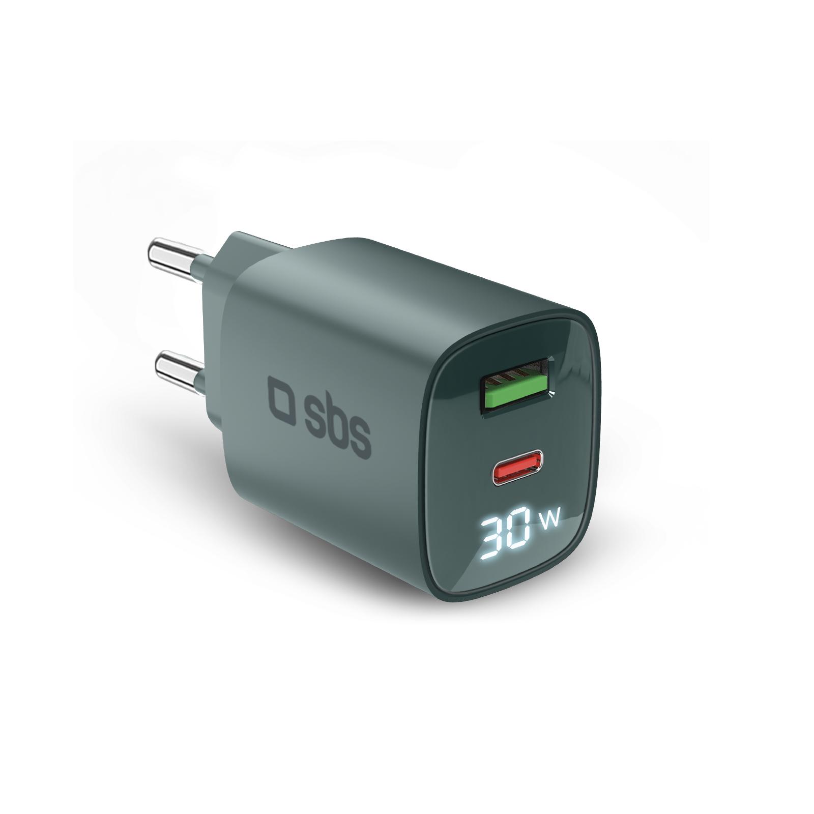 Мрежово зарядно SBS 81505 PD30W GaN, 1xUSB-C PD30W + 1xUSB-A AFC 18W + LCD екран, светло синьо