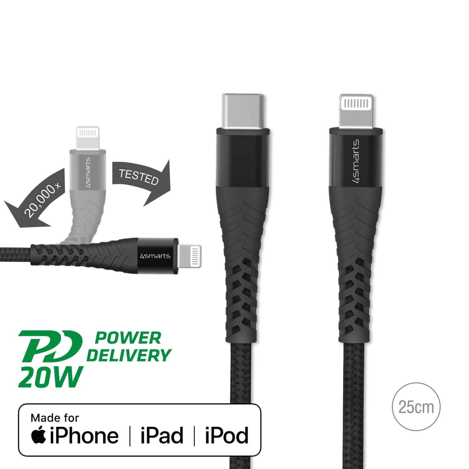 USB-C кабел към Lightning за Apple устройства (25 см) - 4smarts MFI PremiumCord USB-C to Lightning Cable XS (черен) | JAR Computers USB-C кабел към Lightning за Apple устройства (25 см) - 4smarts MFI PremiumCord USB-C to Lightning Cable XS (черен)