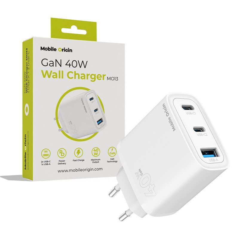 Захранване за ел. мрежа за лаптопи, смартфони и таблети с 2xUSB-C и 1xUSB-A изходи с технология за бързо зареждане - Mobile Origin GaN 40W Wall Charger MO13 (бял) | JAR Computers Захранване за ел. мрежа за лаптопи, смартфони и таблети с 2xUSB-C и 1xUSB-A изходи с технология за бързо зареждане - Mobile Origin GaN 40W Wall Charger MO13 (бял)
