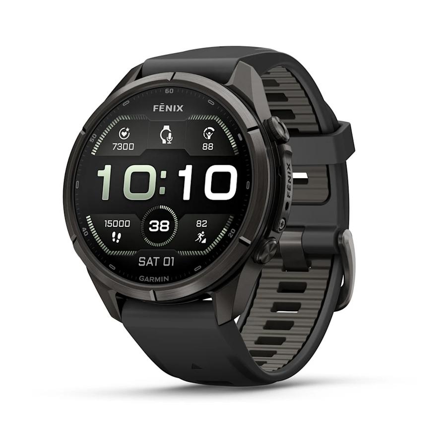 fēnix® 9 Pro, inReach® - 43 мм - Carbon Gray DLC Titanium с Black/Pebble Grey силиконова каишка | JAR Computers fēnix® 9 Pro, inReach® - 43 мм - Carbon Gray DLC Titanium с Black/Pebble Grey силиконова каишка