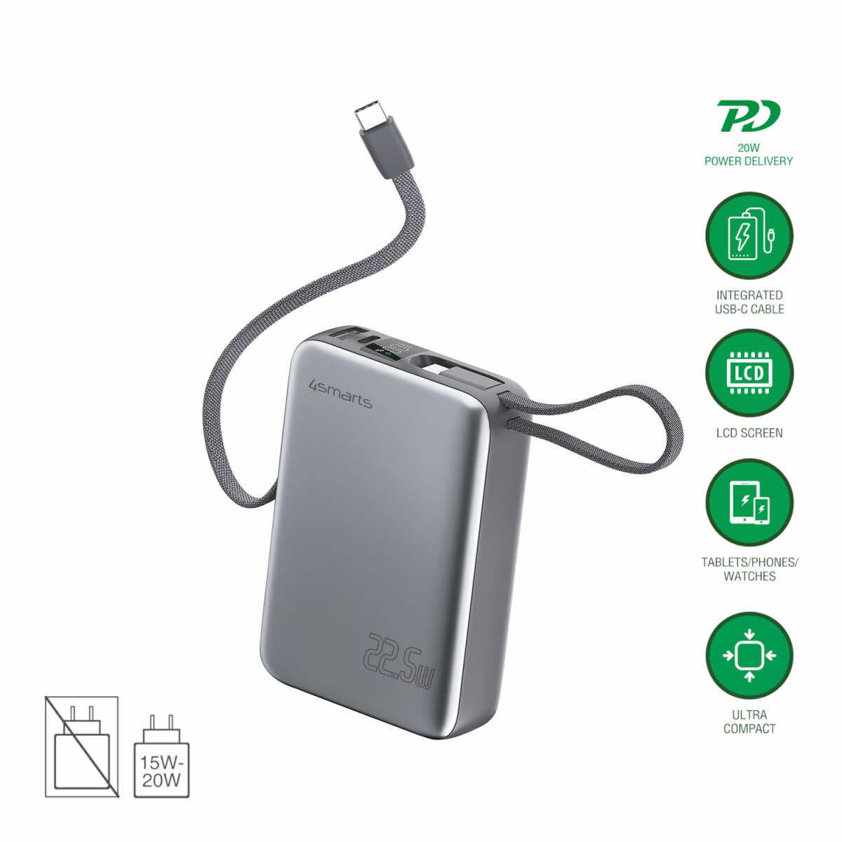 Външна батерия с вградени USB-C кабели, USB-A и USB-C портове - 4smarts Pocket Dual Cord 20000mAh 22.5W (тъмносив) | JAR Computers Външна батерия с вградени USB-C кабели, USB-A и USB-C портове - 4smarts Pocket Dual Cord 20000mAh 22.5W (тъмносив)