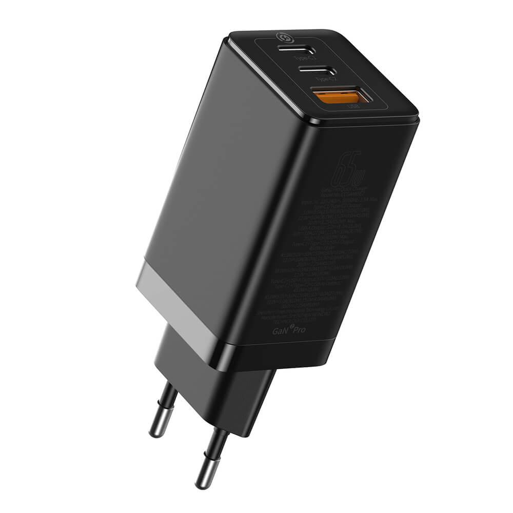 Захранване за ел. мрежа за лаптопи, смартфони и таблети с USB-A и 2xUSB-C изходи с технология за бързо зареждане и USB-C кабел - Baseus GaN 2 Pro Charger 65W (CCGAN2P-E01) (черен) | JAR Computers Захранване за ел. мрежа за лаптопи, смартфони и таблети с USB-A и 2xUSB-C изходи с технология за бързо зареждане и USB-C кабел - Baseus GaN 2 Pro Charger 65W (CCGAN2P-E01) (черен)
