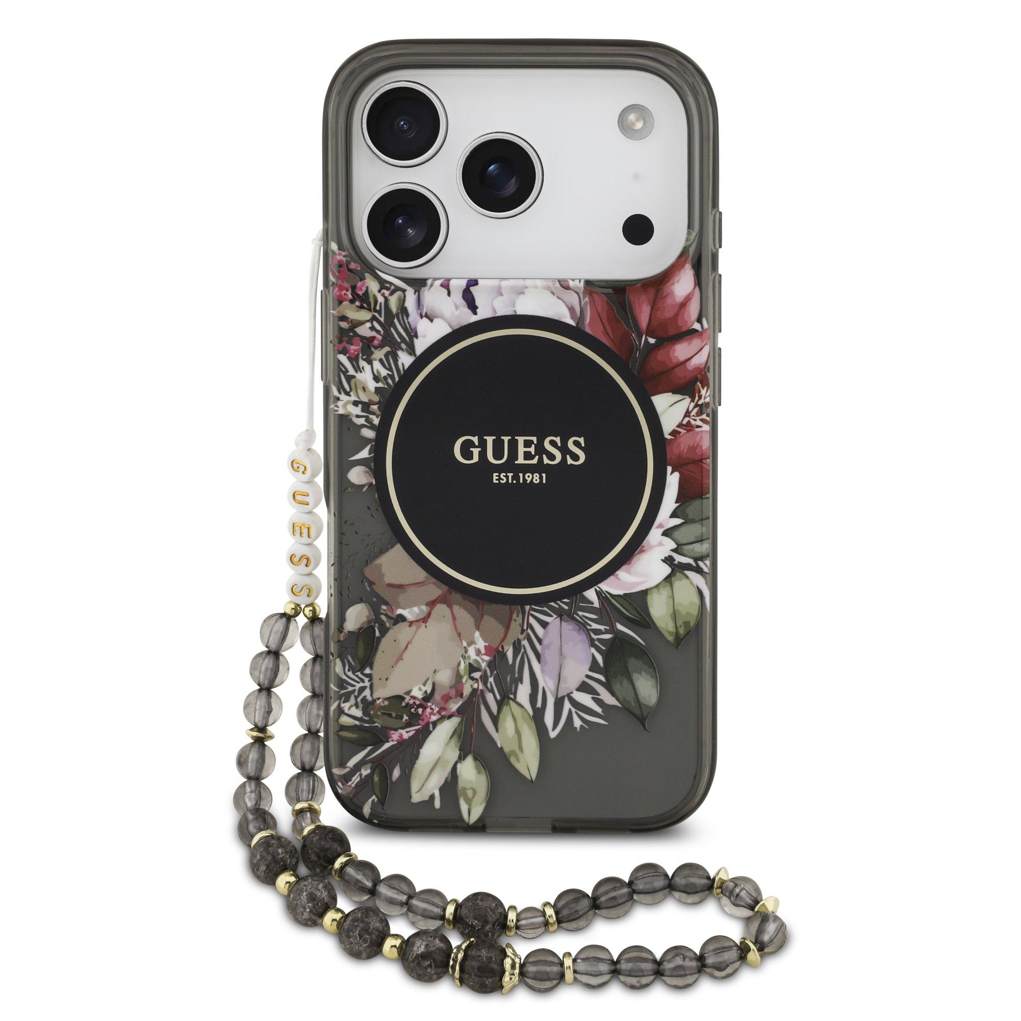 GUESS Калъф Apple iPhone 17 Pro Max, IML Flowers Allover MagSafe + Wrist Strap, черен - GUHMP17XHFWBRCESK | JAR Computers GUESS Калъф Apple iPhone 17 Pro Max, IML Flowers Allover MagSafe + Wrist Strap, черен - GUHMP17XHFWBRCESK