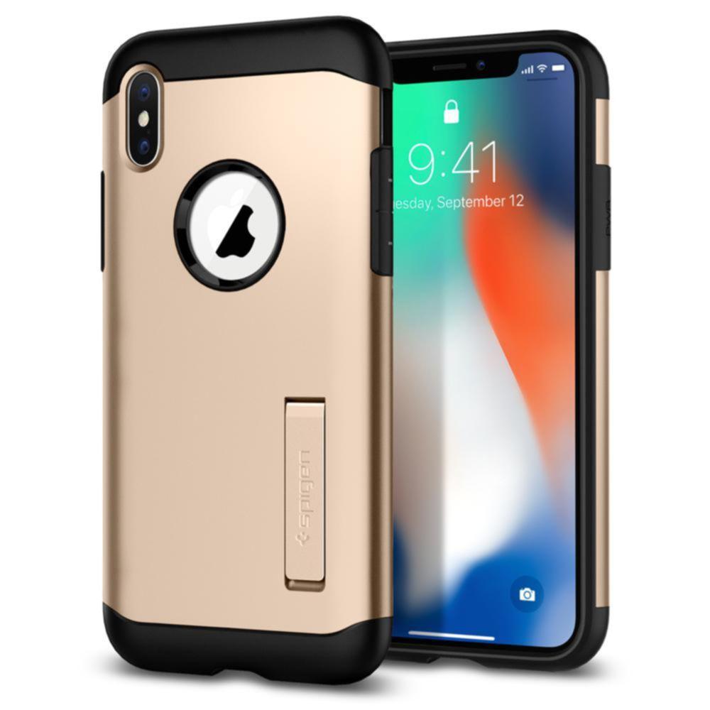 Хибриден кейс с поставка и най-висока степен на защита за iPhone XS, iPhone X - Spigen Slim Armor Case (златист) | JAR Computers Хибриден кейс с поставка и най-висока степен на защита за iPhone XS, iPhone X - Spigen Slim Armor Case (златист)