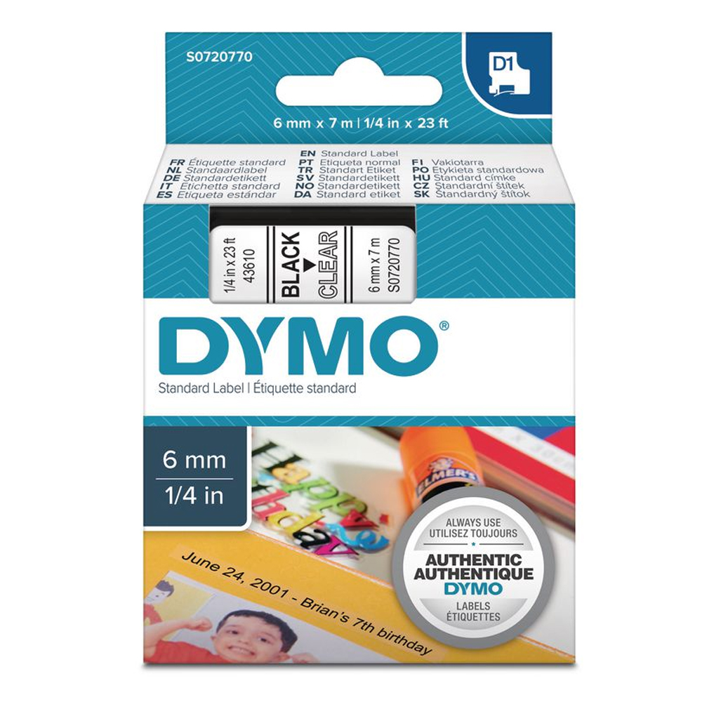 DYMO D1 43610 TAPE 6mmx7m BLACK ON TRANSP