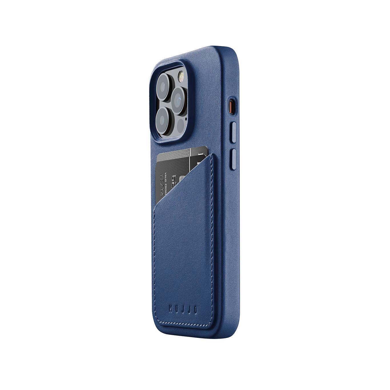 Mujjo Full Leather MagSafe Wallet Case - премиум кожен (естествена кожа) кейс с MagSafe за iPhone 14 Pro (син)