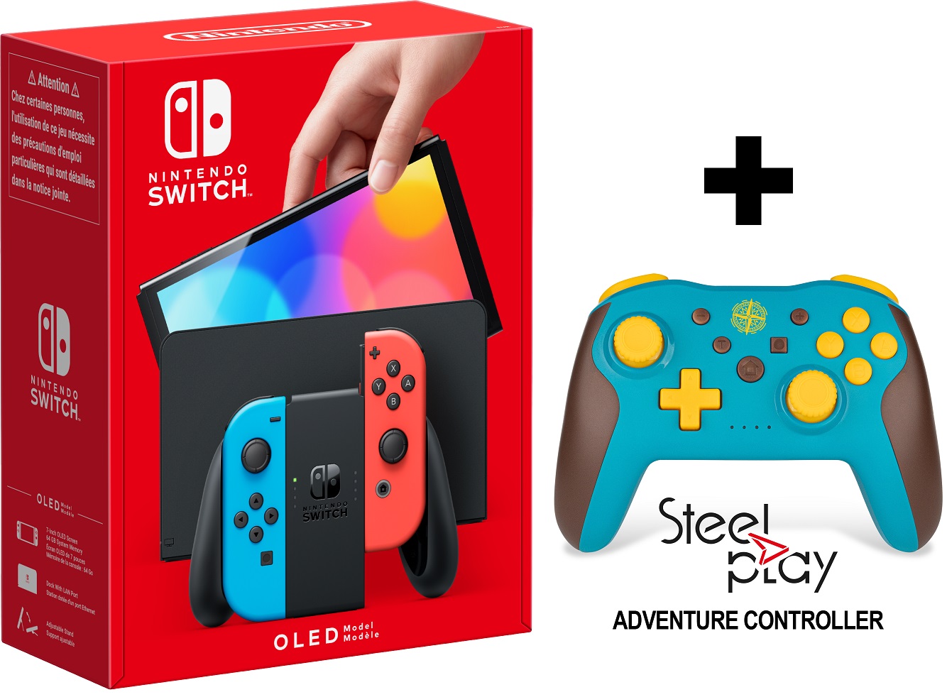 Nintendo Switch OLED - Red & Blue + Steelplay Adventure Wireless Controller Bundle