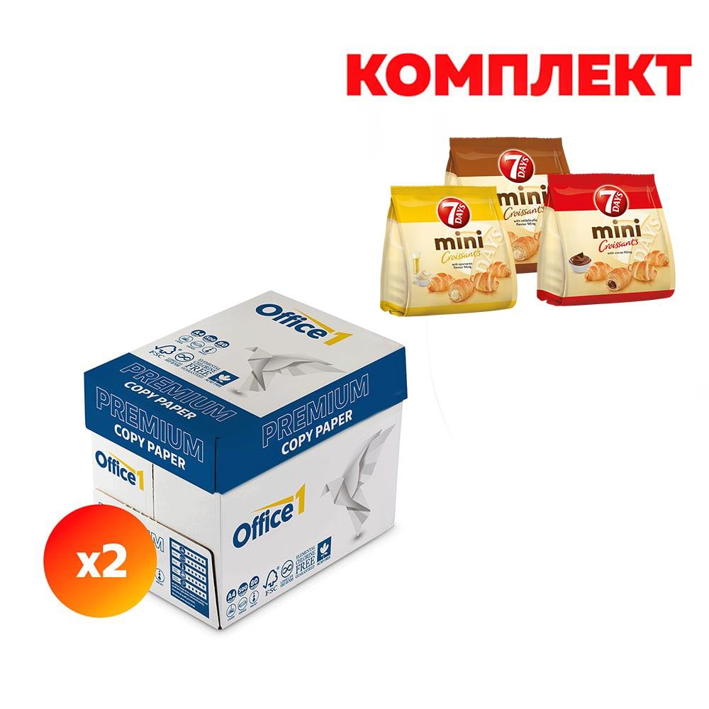 Office 1 Копирна хартия Premium, A4, 80 g/m2, 500 листа, 2 кашона, в комплект със 7Days Мини кроасани, 3 х 185 g
