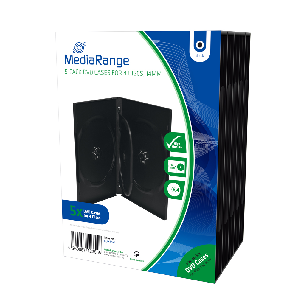 MediaRange DVD Case for 4 discs 14mm Black Pack 5 (MRBOX35-4) | JAR Computers MediaRange DVD Case for 4 discs 14mm Black Pack 5 (MRBOX35-4)